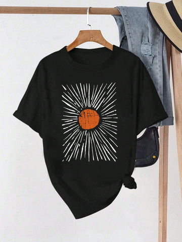 LUNE Women's Summer Sunflower Printed Round Neck Short Sleeve Casual T-Shirt