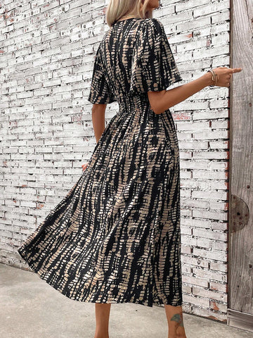 Women's Summer Tie-Dye Print V-Neck Ruffle Short Sleeve Split Hem Elegant Dress