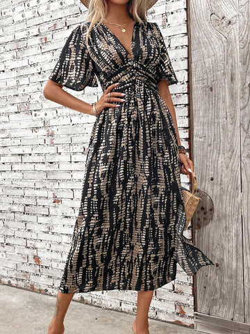 Women's Summer Tie-Dye Print V-Neck Ruffle Short Sleeve Split Hem Elegant Dress