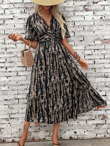 Women's Summer Tie-Dye Print V-Neck Ruffle Short Sleeve Split Hem Elegant Dress