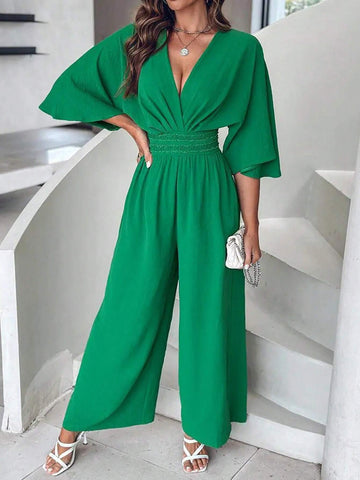 Women's Summer V-Neck Batwing Sleeve Waist-Tie Wide Leg Jumpsuit