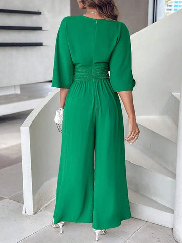 Women's Summer V-Neck Batwing Sleeve Waist-Tie Wide Leg Jumpsuit