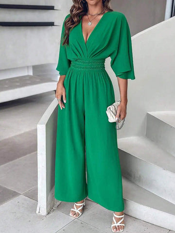 Women's Summer V-Neck Batwing Sleeve Waist-Tie Wide Leg Jumpsuit