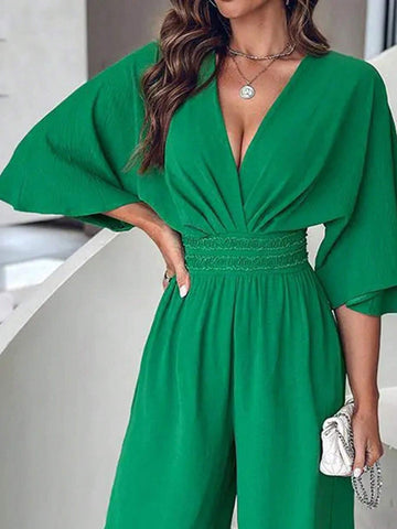 Women's Summer V-Neck Batwing Sleeve Waist-Tie Wide Leg Jumpsuit