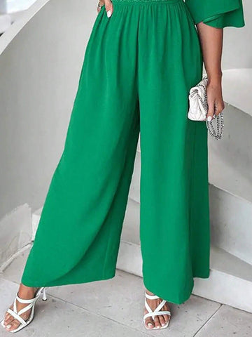 Women's Summer V-Neck Batwing Sleeve Waist-Tie Wide Leg Jumpsuit