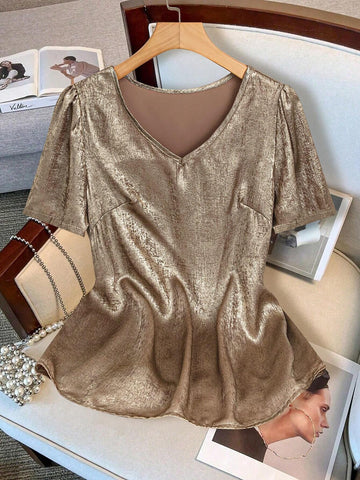 LUNE Women's Summer V-Neck Golden Short Puff Sleeve Casual Shirt