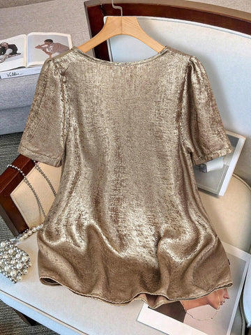 LUNE Women's Summer V-Neck Golden Short Puff Sleeve Casual Shirt