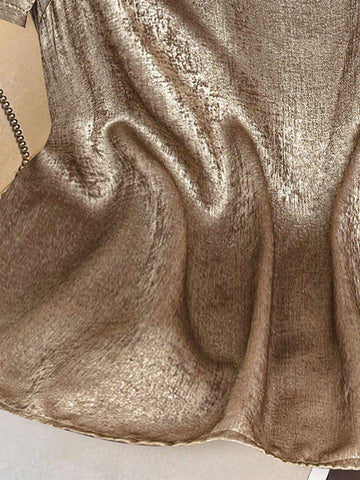 LUNE Women's Summer V-Neck Golden Short Puff Sleeve Casual Shirt