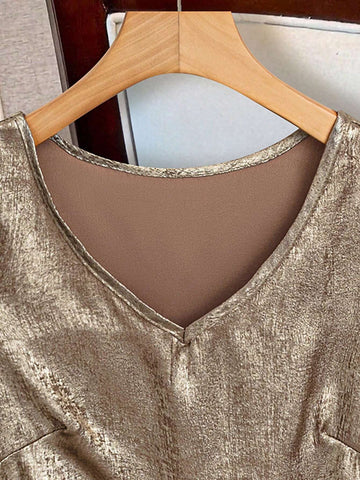 LUNE Women's Summer V-Neck Golden Short Puff Sleeve Casual Shirt