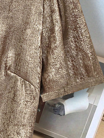 LUNE Women's Summer V-Neck Golden Short Puff Sleeve Casual Shirt