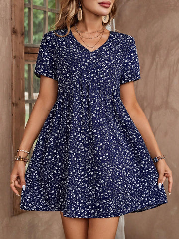 Women's Summer V-Neck Ruched A-Line Ruffle Dress, Casual/Resort Style