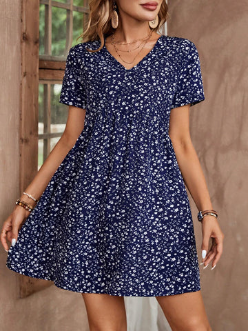 Women's Summer V-Neck Ruched A-Line Ruffle Dress, Casual/Resort Style