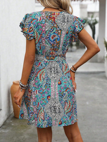 Women's Summer V-Neck Ruffle Trimmed Belted Holiday Style Dress