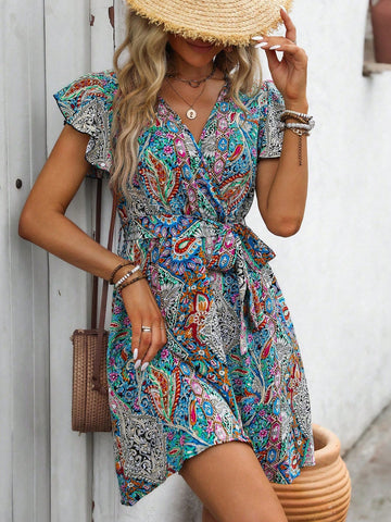 Women's Summer V-Neck Ruffle Trimmed Belted Holiday Style Dress