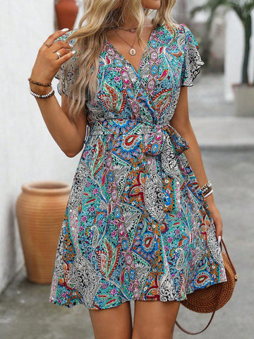 Women's Summer V-Neck Ruffle Trimmed Belted Holiday Style Dress