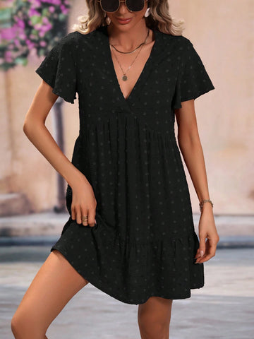 Women's Summer V-Neck Short Sleeve Casual Dress With Swiss Dots