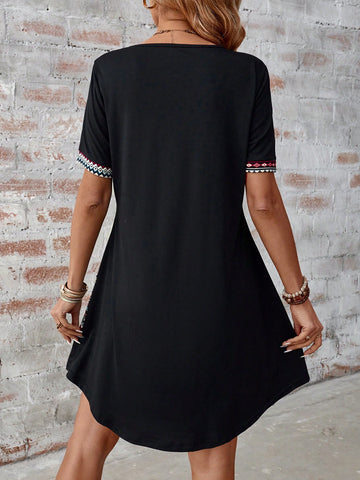 Women's Summer V-Neck Striped Bohemian Style Patchwork Casual Holiday A-Line Dress