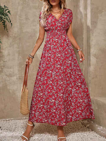 Women's Summer Vacation Floral Printed V-Neck Tie Waist Elegant Dress