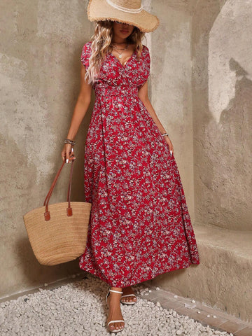 Women's Summer Vacation Floral Printed V-Neck Tie Waist Elegant Dress