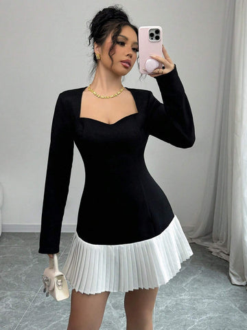 Women's Sweet Heart Collar Long Sleeve Pleated Hem Elegant Mini Dress