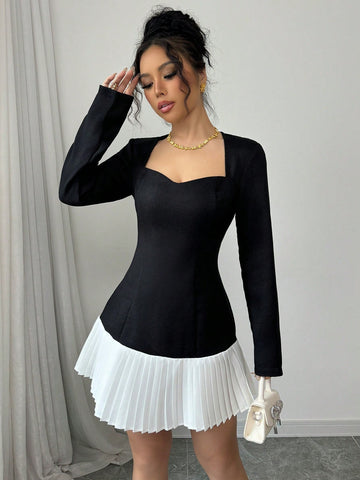 Women's Sweet Heart Collar Long Sleeve Pleated Hem Elegant Mini Dress