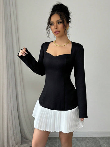 Women's Sweet Heart Collar Long Sleeve Pleated Hem Elegant Mini Dress