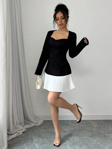 Women's Sweet Heart Collar Long Sleeve Pleated Hem Elegant Mini Dress