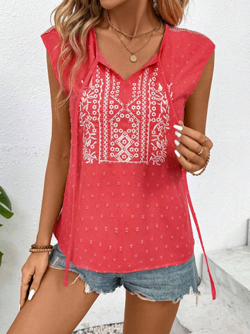 LUNE Women's Swiss Dot Lace Up Sleeveless Summer Shirt, Holiday Style