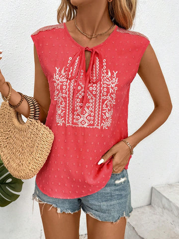 LUNE Women's Swiss Dot Lace Up Sleeveless Summer Shirt, Holiday Style