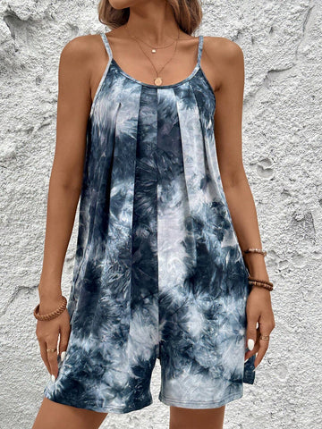 Women's Tie-Dye Printed Pleated Cami Jumpsuit For Vacation And Leisure