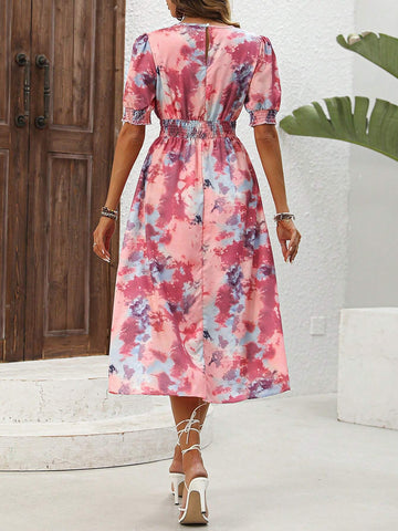 Women's Tie Dye Round Neckline Short Puff Sleeve A-Line Dress