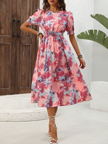 Women's Tie Dye Round Neckline Short Puff Sleeve A-Line Dress
