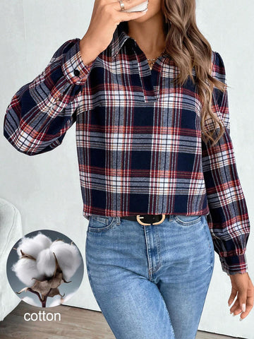 LUNE Women's Turndown Collar Long Sleeve Simple Plaid Casual Shirt
