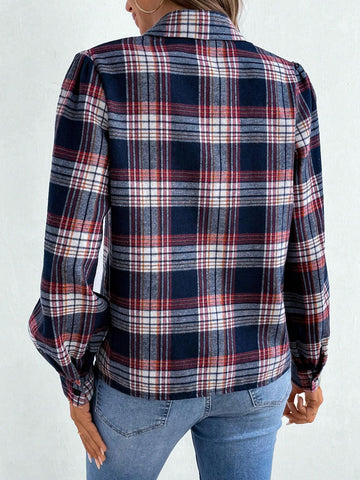 LUNE Women's Turndown Collar Long Sleeve Simple Plaid Casual Shirt