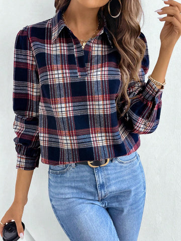 LUNE Women's Turndown Collar Long Sleeve Simple Plaid Casual Shirt