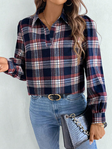 LUNE Women's Turndown Collar Long Sleeve Simple Plaid Casual Shirt