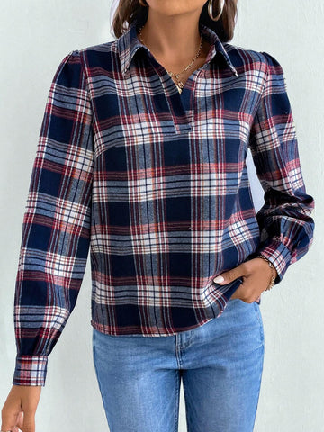 LUNE Women's Turndown Collar Long Sleeve Simple Plaid Casual Shirt