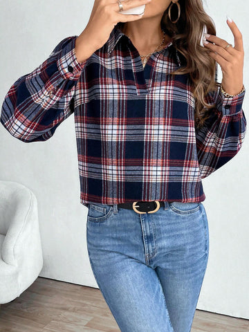 LUNE Women's Turndown Collar Long Sleeve Simple Plaid Casual Shirt