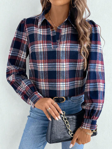 LUNE Women's Turndown Collar Long Sleeve Simple Plaid Casual Shirt