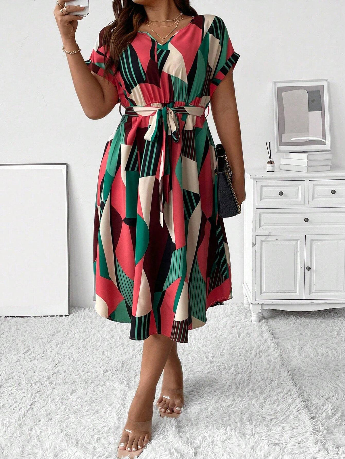 Women's V-Neck Batwing Sleeve Belted Casual Beachwear Dress