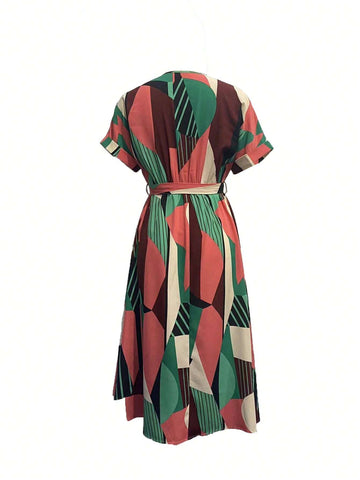 Women's V-Neck Batwing Sleeve Belted Casual Beachwear Dress