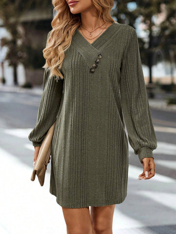 Women's V-Neck Button Decor Long Sleeve Solid Color Elegant Dress