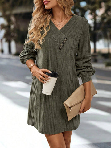 Women's V-Neck Button Decor Long Sleeve Solid Color Elegant Dress