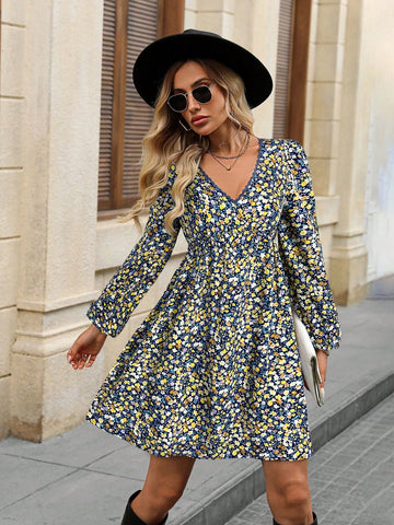 Women's V-Neck Ditsy Floral Casual Long Sleeve Dress, Autumn/Winter