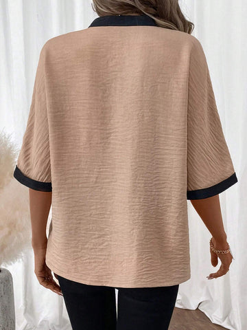 LUNE Women's V-Neck Faux Denim Contrast Color Block Long Sleeve Shirt