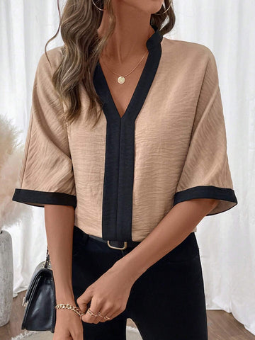 LUNE Women's V-Neck Faux Denim Contrast Color Block Long Sleeve Shirt