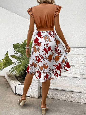 Women's V-Neck Floral Print Belt With Ruffles Hem Dress