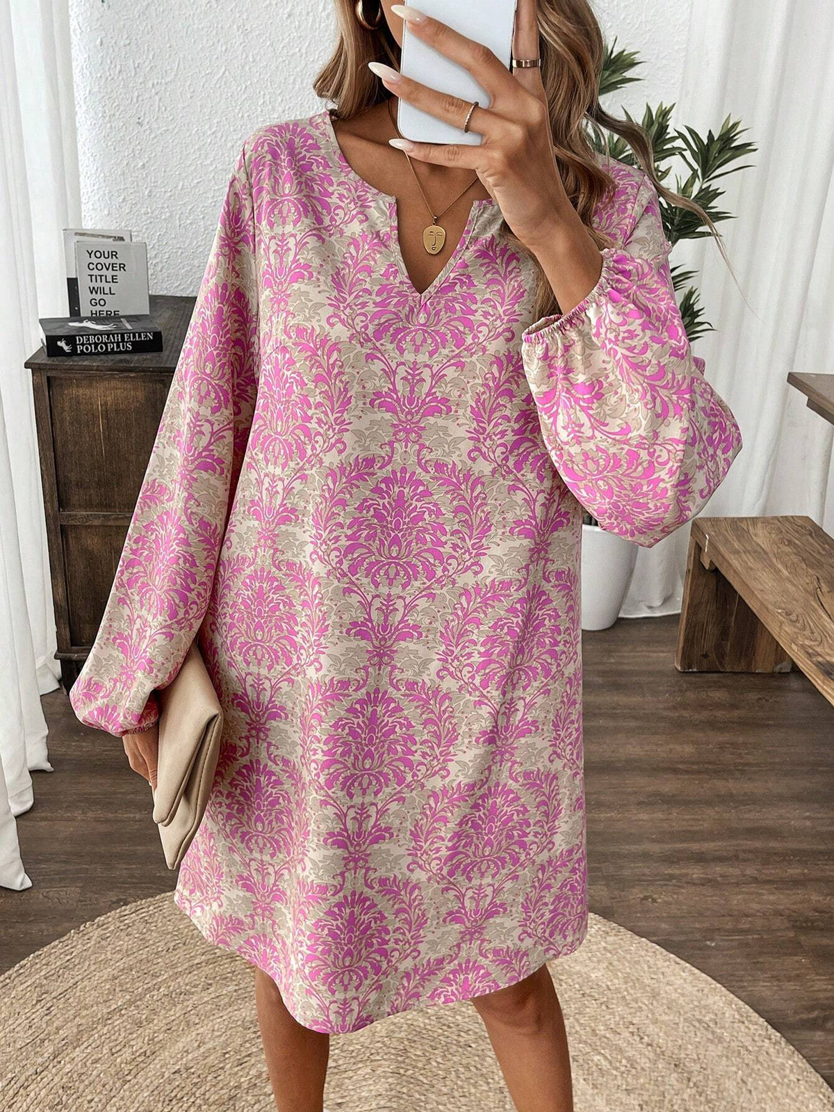 Women's V-Neck Full Print Long Sleeve Dress