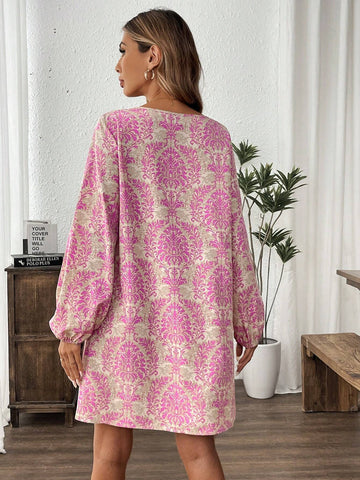 Women's V-Neck Full Print Long Sleeve Dress