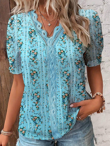 LUNE Women's V-Neck Lace Patchwork Short Sleeve Summer Shirt